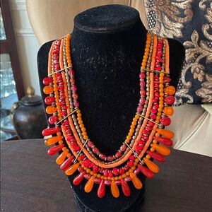 #129 - Charming Charlie Multi-Strand Red & Orange Bead Statement Necklace